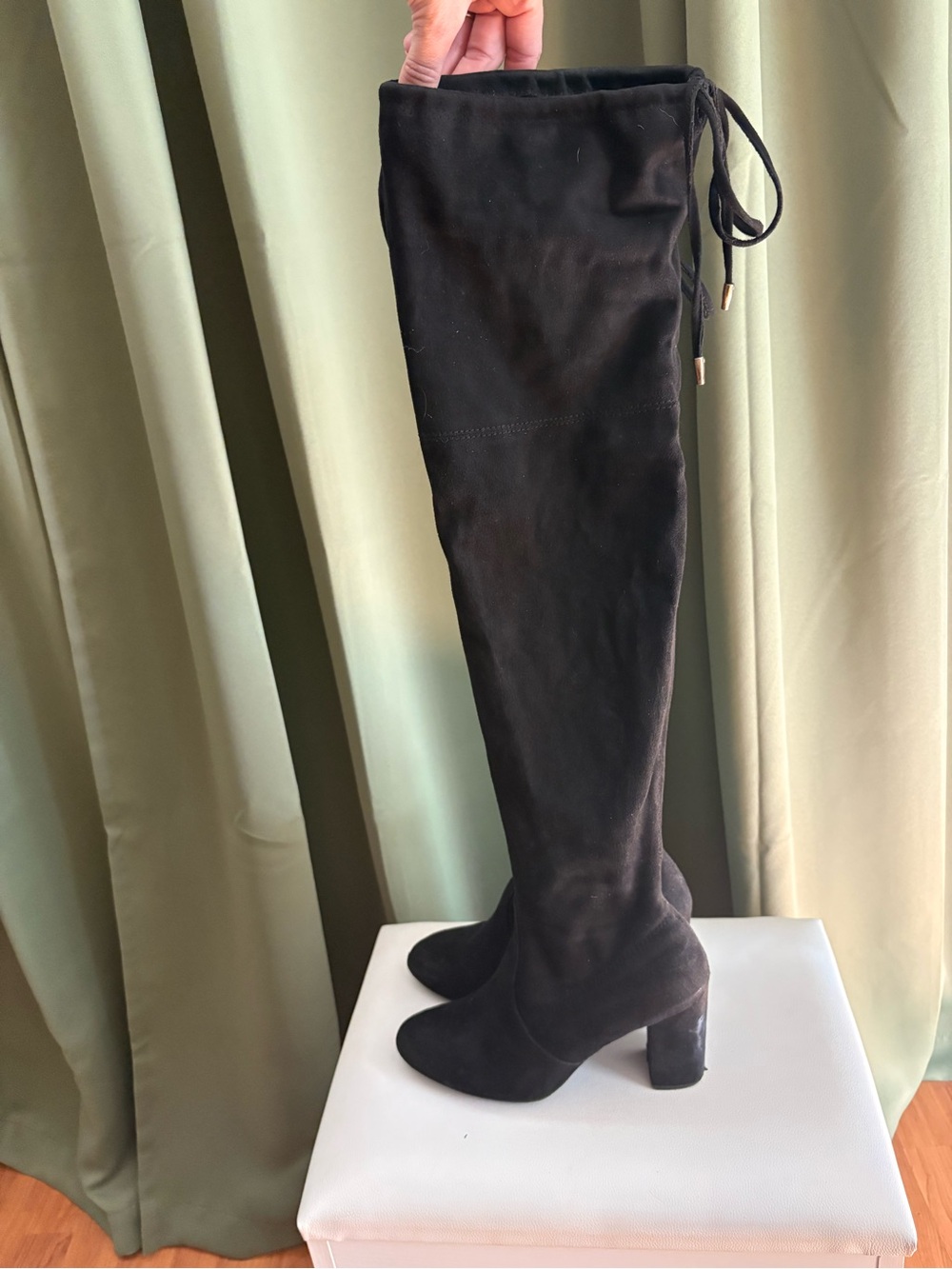 Candie's Black Over-the-Knee Suede Tie-Back Block Heel Boots